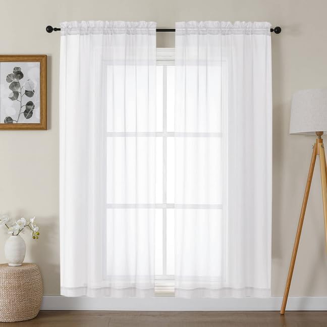 Gwine White Sheer Curtains 68 Inches Long 2 Panels Set, Light Filtering Sheer by Gwine