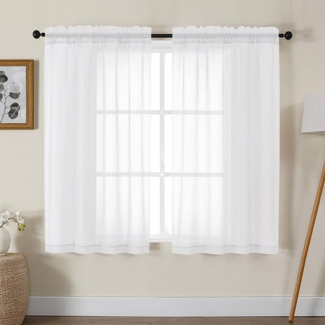 Gwine White Sheer Curtains 48 Inches Long 2 Panels Set, Light Filtering Sheer by Gwine
