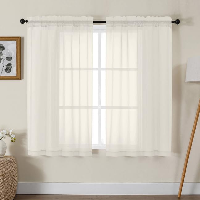 Gwine Ivory Sheer Curtains 48 Inches Long 2 Panels Set, Light Filtering Sheer by Gwine