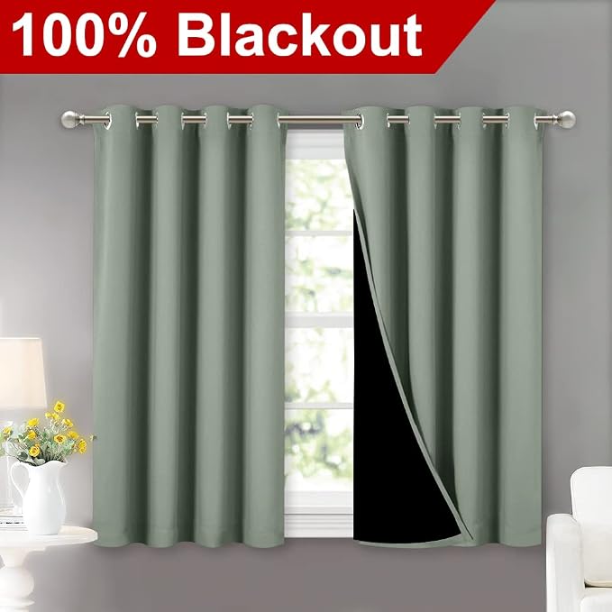 NICETOWN Greyish Green 100% Blackout Curtains 45 inches Long, 2 Thick Layers - Image 2