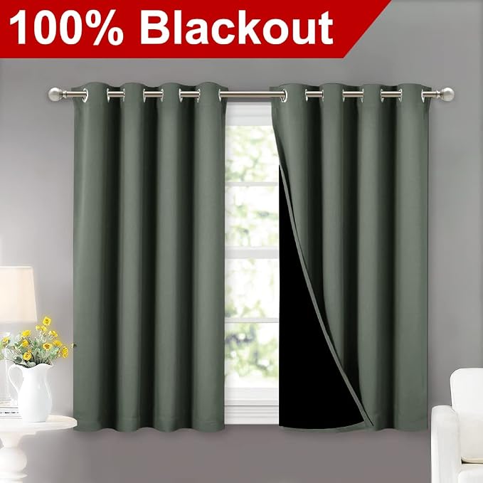 NICETOWN Dark Mallard 100% Blackout Curtains 45 inches Long, 2 Thick Layers - Image 2