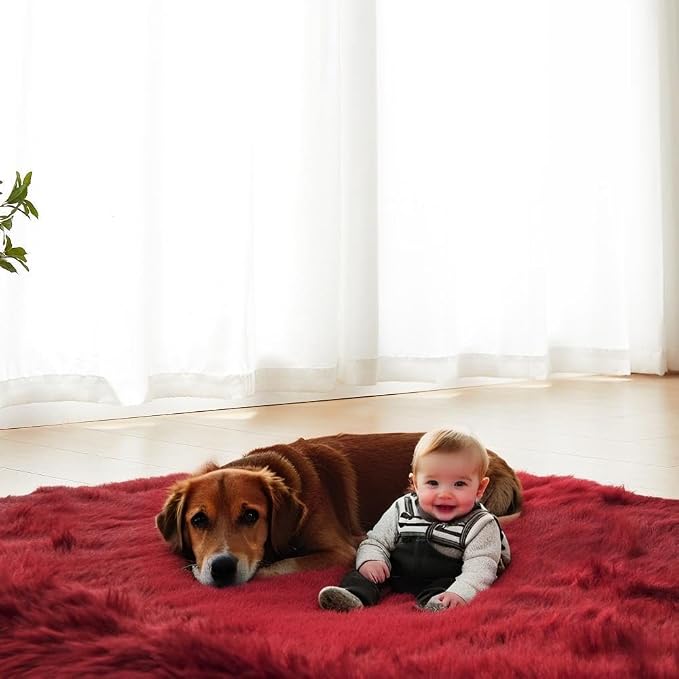 AMTOVO Faux Fur Sheepskin Rug for Living Room, 4 x 6 ft Burgundy Fluffy Area - Image 8