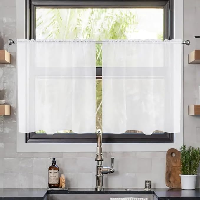 youleyar Solid Sheer Rod Pocket Curtain Voile Draperies 2 Panels White Beige - Image 2