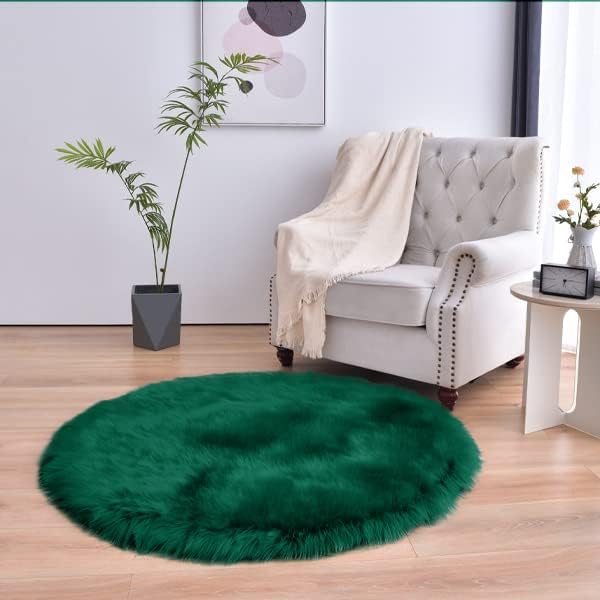 duduta Emerald Green Faux Sheepskin Round Rug 4x4 ft, Fluffy Shag Fur Bedroom by duduta