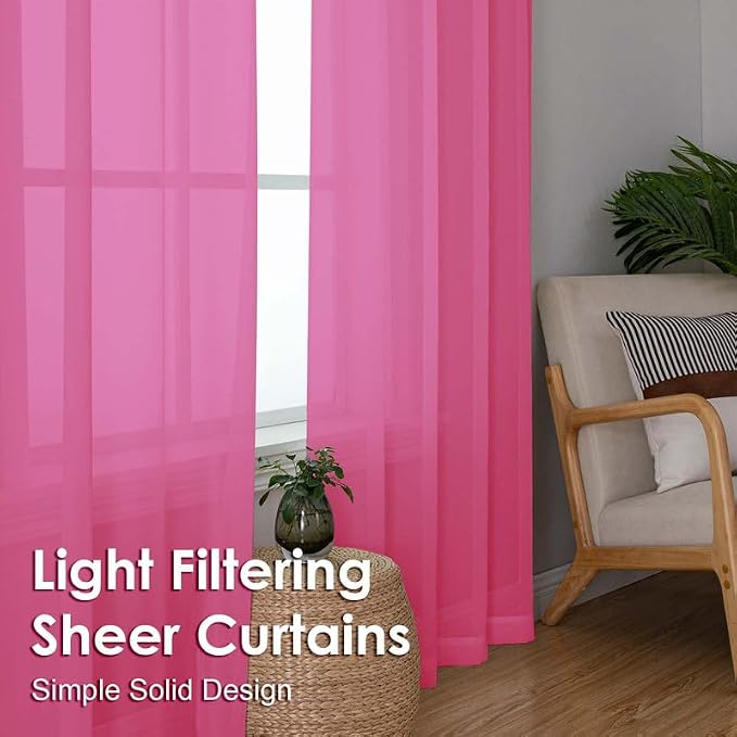 Hot Pink Sheer Curtains 36 inch Length 2 Panels Set, Light Filtering Voile Rod - Image 5