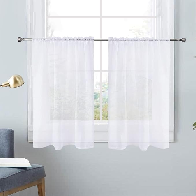 SpaceDresser White Kitchen Sheer Valance Curtains 30 Inch, Voile Sheer Cafe by SpaceDresser