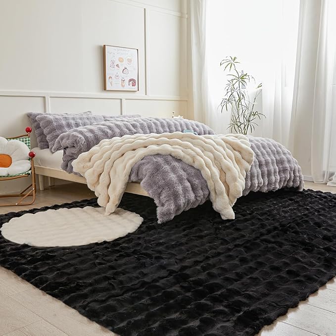 Black Rabbit Plush Rug 6'x9', Fluffy Faux Fur Shaggy Area Rug - Image 2
