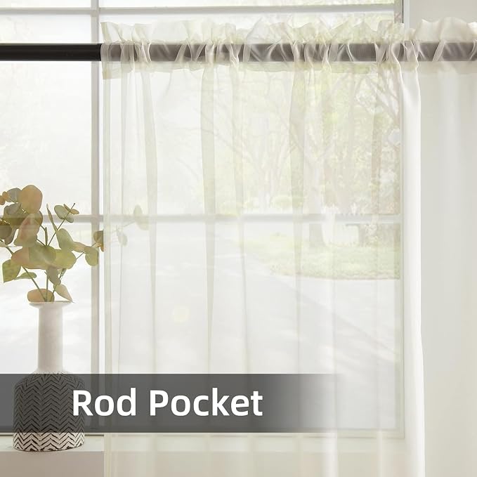 youleyar Solid Sheer Rod Pocket Curtain Voile Draperies 2 Panels Ivory Beige - Image 3