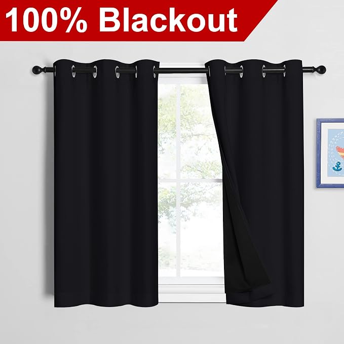 NICETOWN Black 100% Blackout Curtains 45 inches Length, 2 Thick Layers - Image 2