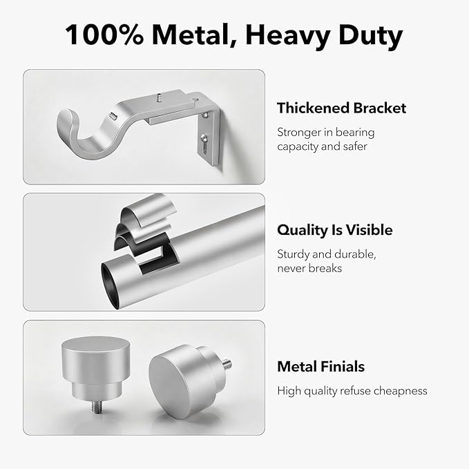 IFELS Heavy Duty Curtain Rods for Windows 66 to 120 Inch, 1 Inch Silver Curtain - Image 3
