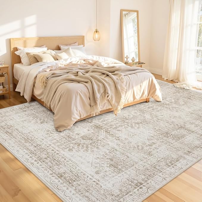 10x12 Area Rugs Living Room: Bedroom Neutral Washable Carpet Brown | Vintage - Image 2