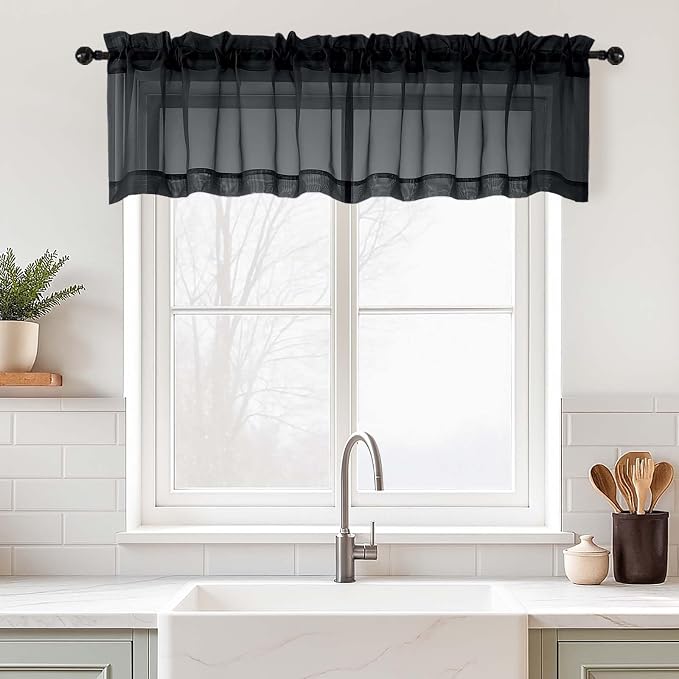 Black Valances for Windows 14 inch Length 2 Panels Set, Small Voile Sheer by Home
