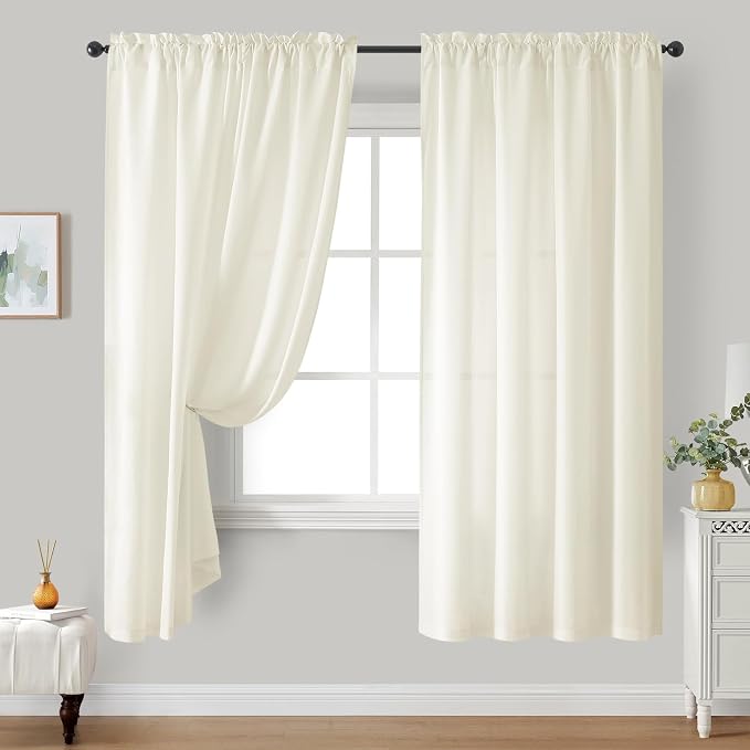 HOMEIDEAS Non-See-Through Cream Yellow Privacy Sheer Curtains, 52 X 72 Inches - Image 2