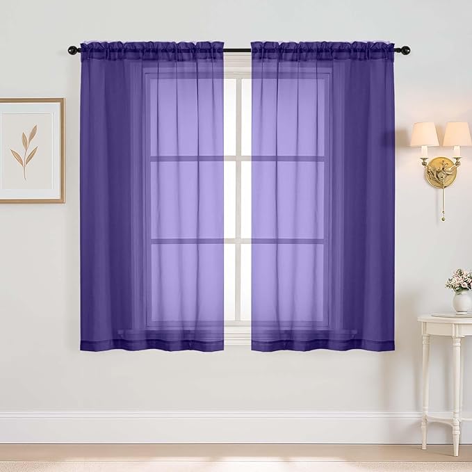 Purple Window Sheer Curtains 45 Inches Length, Voile Short Curtains by Home