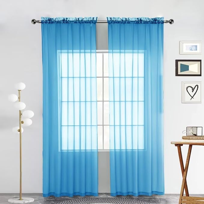SpaceDresser Basic Rod Pocket Sheer Voile Window Curtain Panels Cyan Blue 1 by SpaceDresser