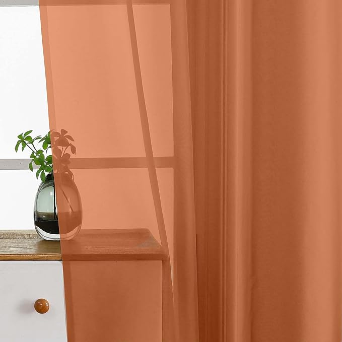 Orange Valances for Windows 14 inch Length 2 Panels Set, Small Voile Sheer - Image 4