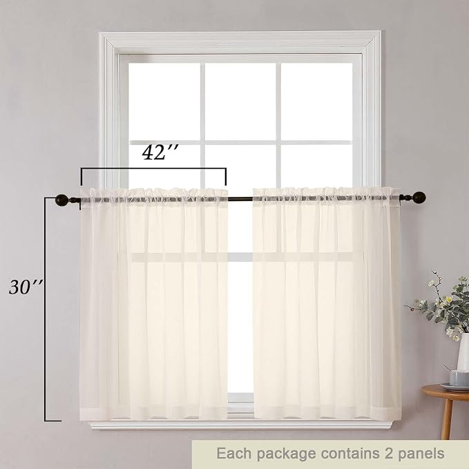 Cream Kitchen Curtains 30 Inch Length Tier 2 PCS, Solid Soft Airy Half Curtains - Image 2