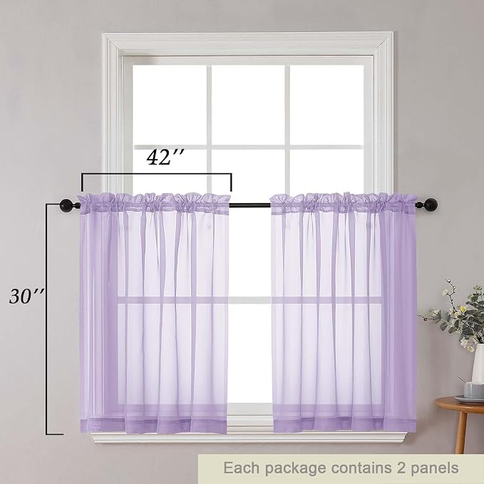 Lavender Kitchen Curtains 30 Inch Length Tier 2 PCS, Solid Soft Airy Half - Image 2