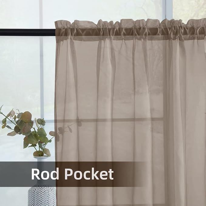youleyar Solid Sheer Rod Pocket Curtain Voile Draperies 2 Panels White Beige - Image 3