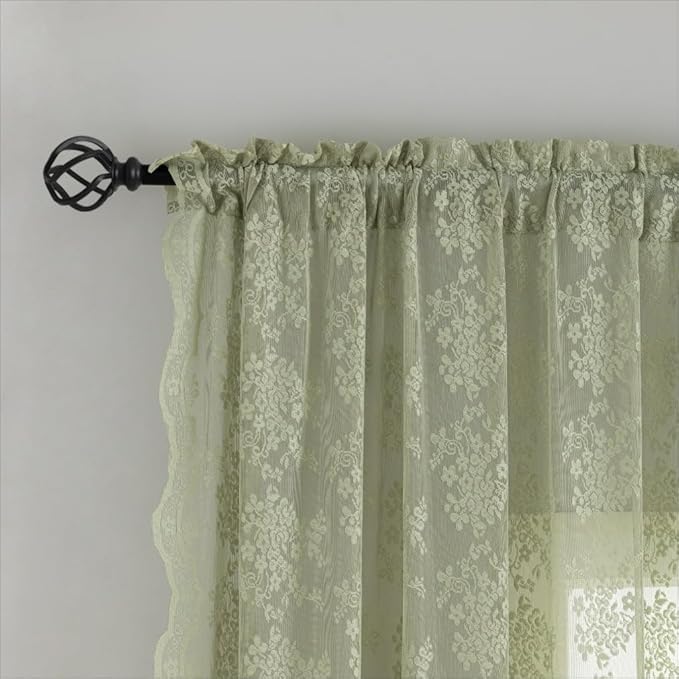 YJ YANJUN Vintage Lace Curtains 45 Inch Length-Victorian Floral Pattern Sage - Image 3