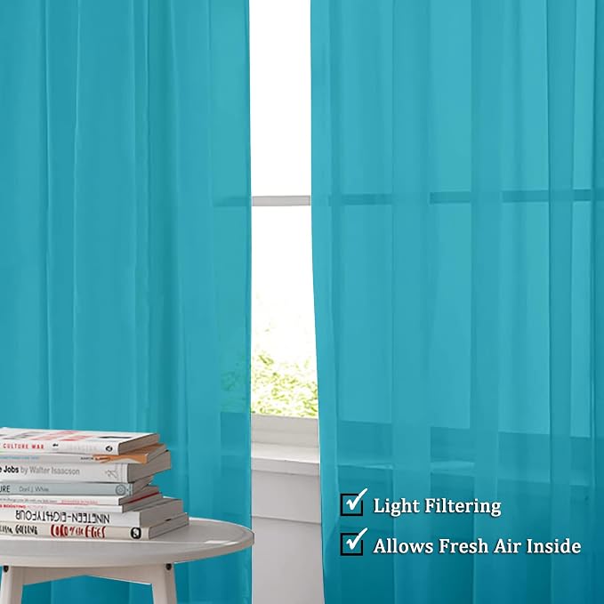 OWENIE Turquoise Blue Sheer Curtains, Sheer Curtains 84 inch Length 2 Panels Set - Image 3
