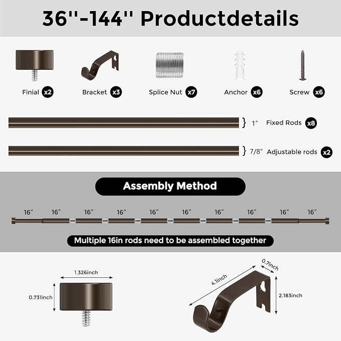 VOIIY Bronze Curtain Rods for Windows 72 to 144 Inch, Size:36-144 Inch - Image 8