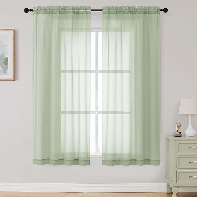 Light Green Sheer Curtains 63 Inch Length 2 Panels Set by WelvetBLK