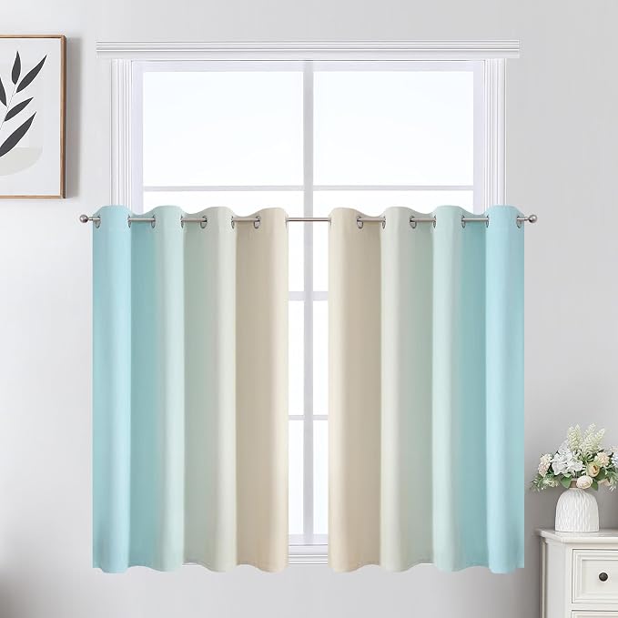 Estelar Textiler Beige and Aqua Ombre Short Blackout Cafe Curtains 36 Inch by ESTELARTEXTILER