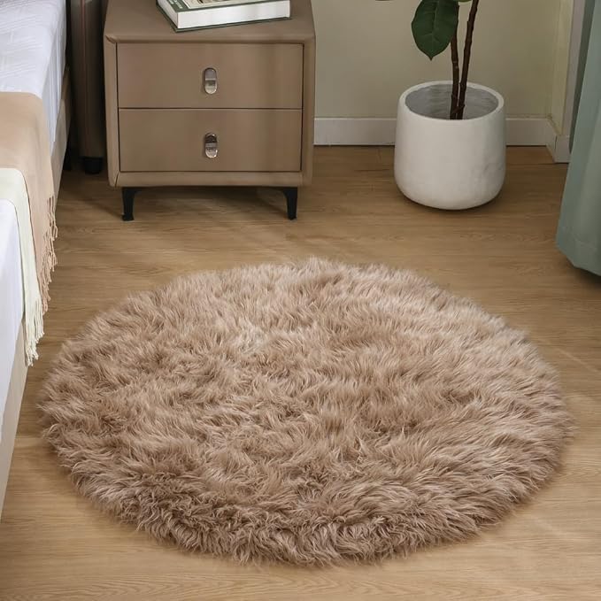 Goolela Beige Circle Faux Fur Rug 3ft Fuzzy Furry Small Round Sheepskin Rug by Goolela