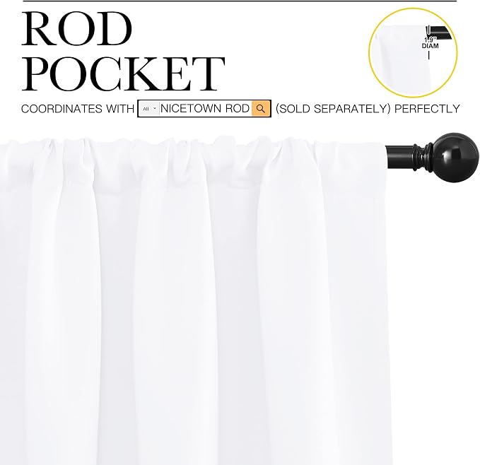 NICETOWN White Curtains 50% Blackout White Curtain Set, Modern Design Solid Rod - Image 3