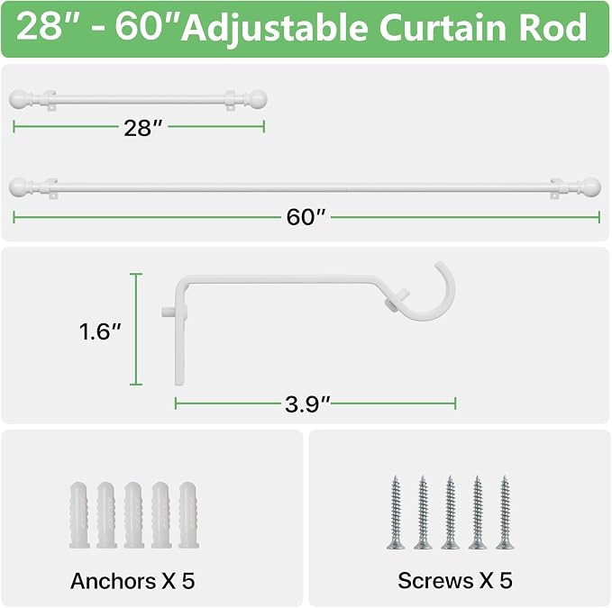 2 Pack White Metal Curtain Rods, 28-60 inch, Heavy Duty, Adjustable, Wall - Image 3
