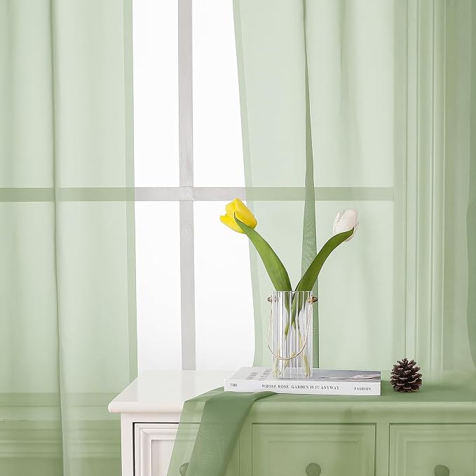Lecloud Light Green Sheer Curtains 54 Inch Length 2 Panels, Voile Bedroom - Image 3