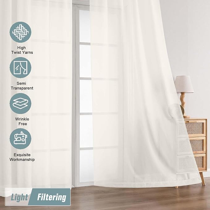 Ivory Sheer Curtains 90 Inches Long 2 Panels, Light Filtering Solid Sheer - Image 5
