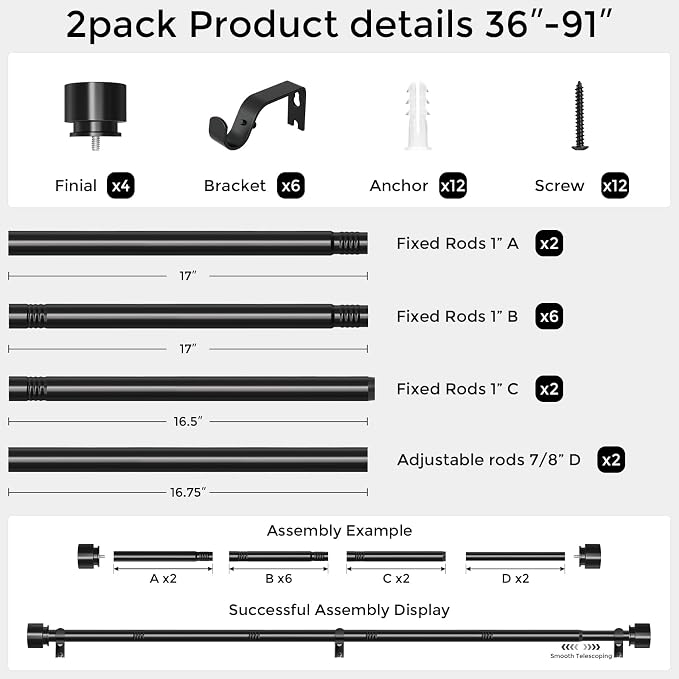 2 Pack Curtain Rods for Windows 48 to 84 Inch, Decorative Adjustable Heavy Duty - Image 5