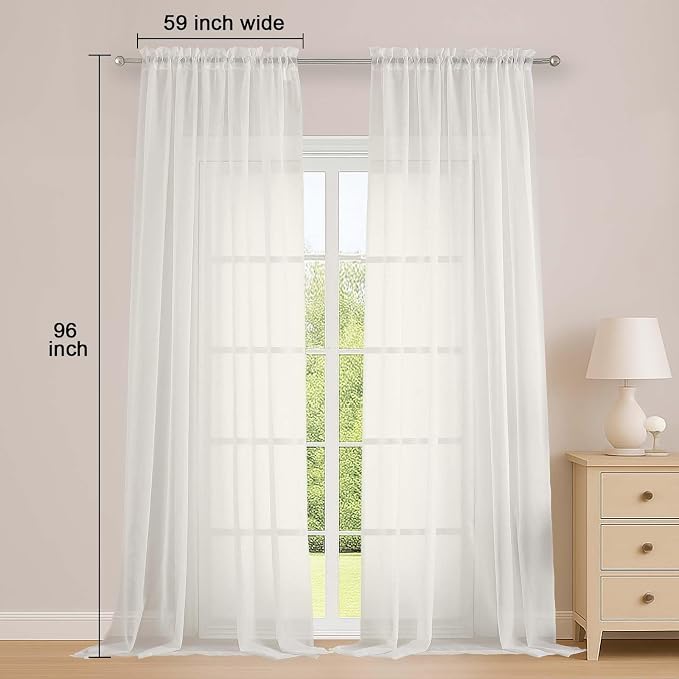 OWENIE Ivory Sheer Curtains, Sheer Curtains 96 inches Long 2 Panels Set - Image 2