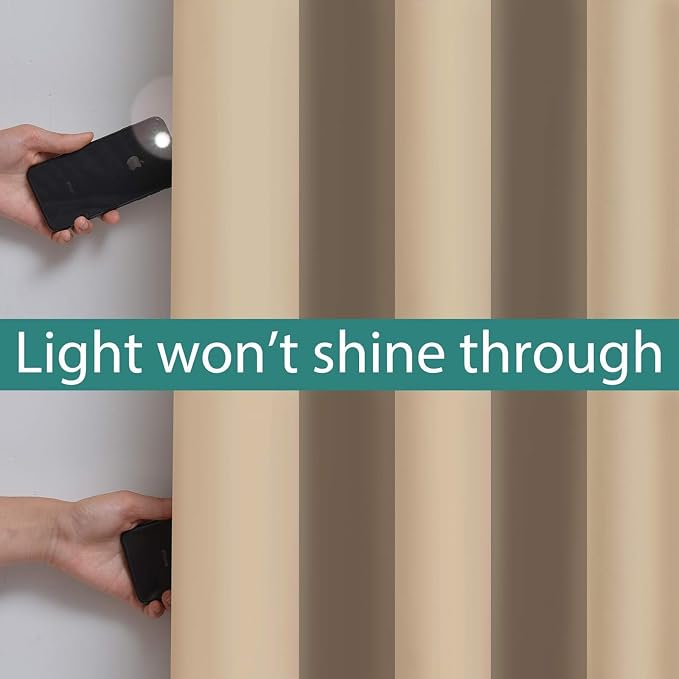 Yakamok Beige 100% Blackout Curtains, Thermal Insulated Total Blackout Drapes - Image 3