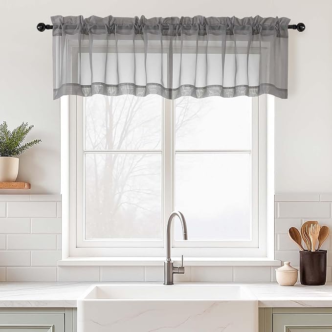 Grey Valances for Windows 14 inch Length 2 Panels, Small Voile Sheer Curtains by Home