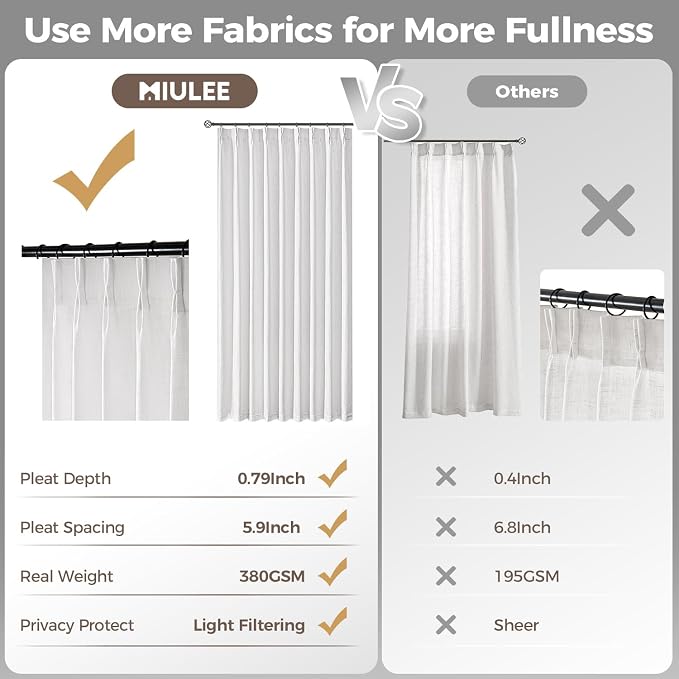 MIULEE Pinch Pleated White Thick Linen Curtains 102 Inches Long 2 Panels - Image 6