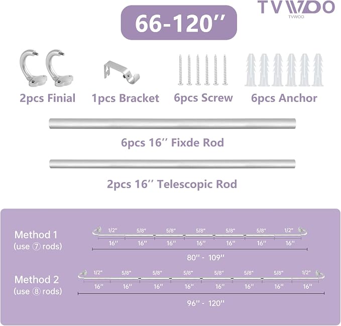 TVWOO Silver Wrap Around Curtain Rods:5/8In Blackout Adjustable Window Curtain - Image 8