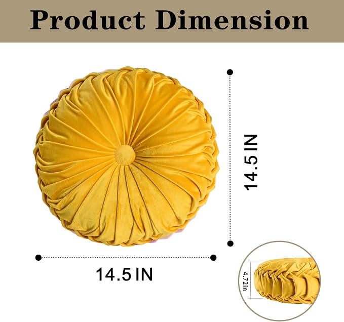HIG Set of 2 Yellow Ruched Velvet Round Throw Pillows – 14.5’’ Decorative - Image 5