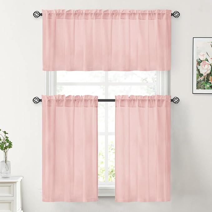 HOMEIDEAS Non-See-Through Blush Pink Privacy Sheer Kitchen Curtains, 30 X 24 - Image 2