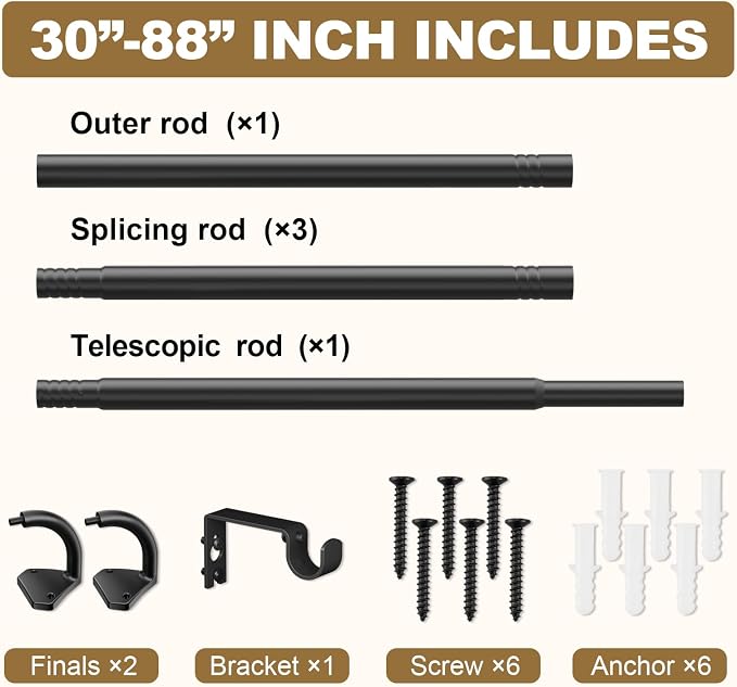 GXOACKJ Black Curtain Rods for Windows 48 to 84 inch, 5/8 inch Adjustable Wrap - Image 5