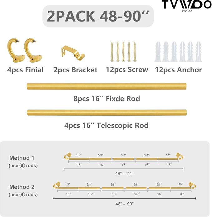 TVWOO Gold Wrap Around Curtain Rods 2 Pack:Small Blackout Adjustable Window - Image 8