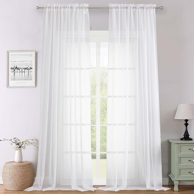 Lecloud White Sheer Curtains 108 Inches Long 2 Panels, Solid Airy Voile Extra by Lecloud