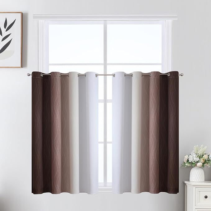 Estelar Textiler Brown and Greyish White Ombre Short Blackout Cafe Curtains 36 by ESTELARTEXTILER