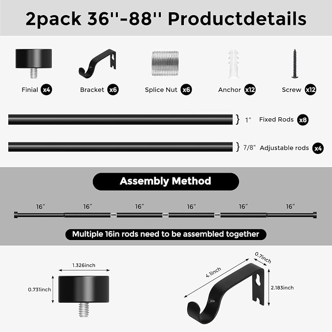 VOIIY 2 Pack Curtain Rods for Windows 48 to 84 Inch, Modern Adjustable Heavy - Image 8