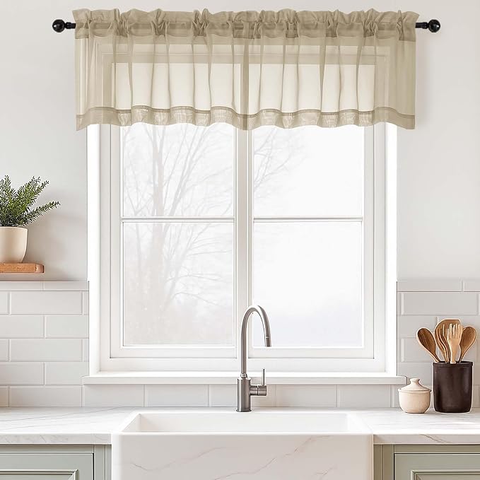Taupe Valances for Windows 14 inch Length 2 Panels Set, Small Voile Sheer by Home