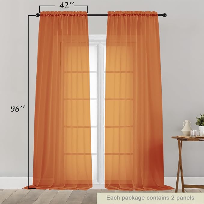 Orange Sheer Curtains for Bedroom Living Room 96 Inches Long 2 Panels, Modern - Image 2