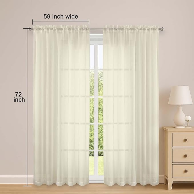 OWENIE Cream Sheer Curtains 72 Inches Long 2 Panels Set, Transparent Voile - Image 2