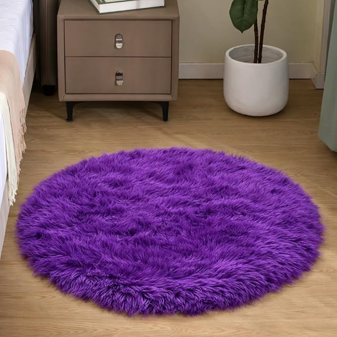 Goolela Purple Fluffy Circle Rug 3ft Faux Fur Rug by Goolela
